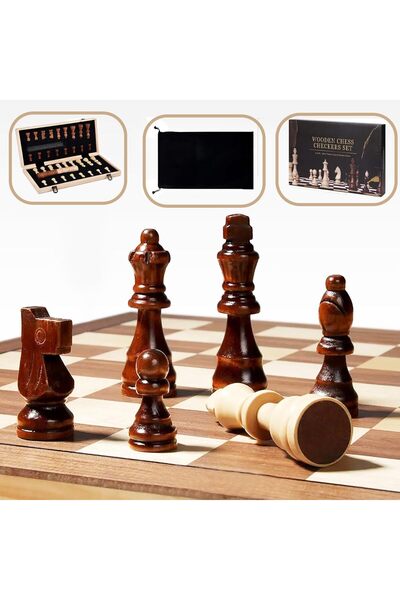 adak Magnetic Wooden Chess Set – 15-Inch Folding Board with Handmade Pieces & 2 Extra Queens