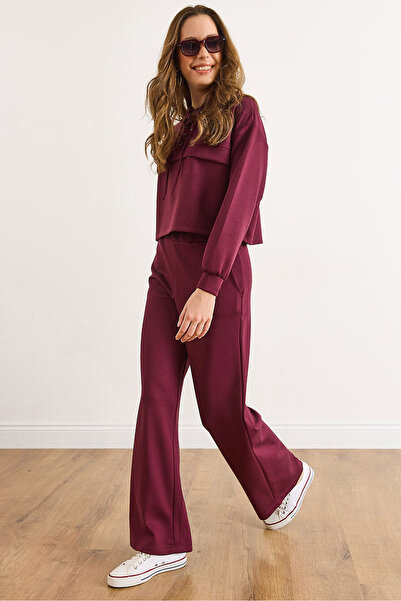 Olalook Women's Burgundy Eyelet Detailed Top with Pocket Bottom Tracksuit Set Etkm-0000090