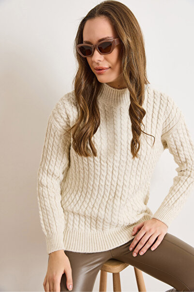 Olalook Women's Ecru Mock Neck Braided Hair Oversized Knitwear Sweater Kzk-19001082