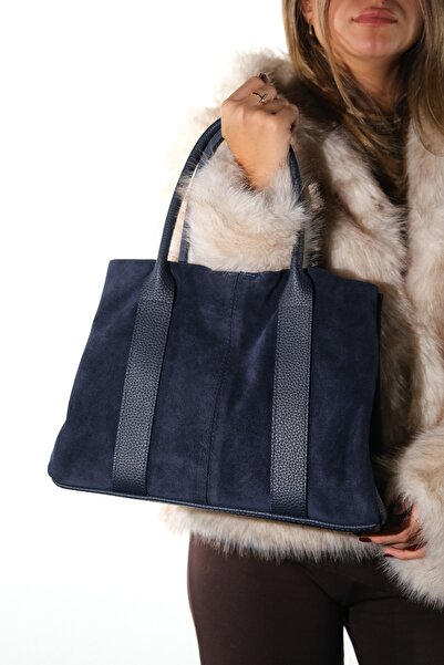 LuviShoes حقيبة يد نسائية من جلد الغزال الأصلي باللون الأزرق الداكن 175