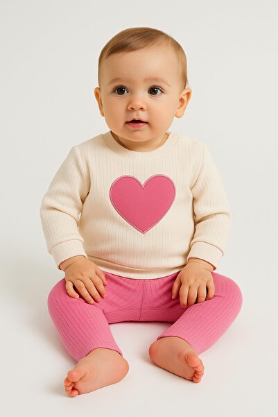 dinamik çocuk Baby Girl Heart Patterned Sleeve Detailed 2-Piece Top and Bottom Sweat and Sweatpants Set 3-6-9-12 Months