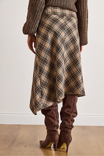 Olalook Women's Beige Plaid Wool Effect Midi Wrap Skirt Etk-19000369