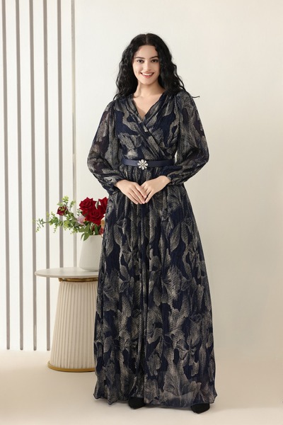 berlanty Navy blue maxi dress with a wrap design and a shimmering leaf print