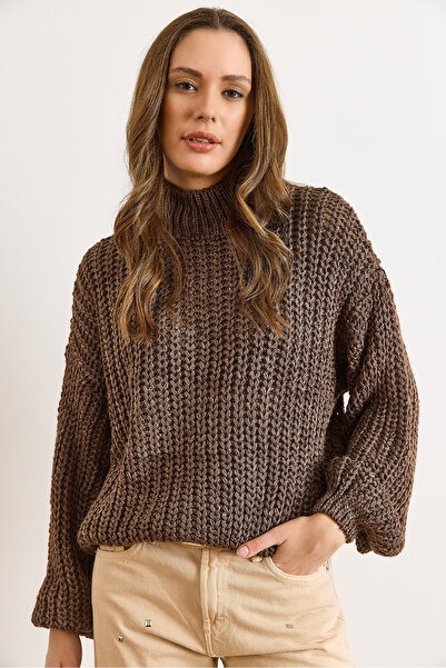 Olalook Women's Brown Mock Neck Flexible Thick Knit Sweater Kzk-19001083