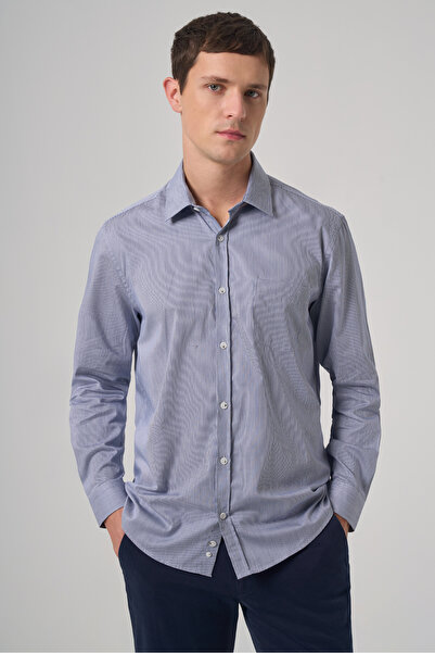 Morven Men's Navy Blue Cotton Trend Striped Regular Fit Hard Collar Shirt