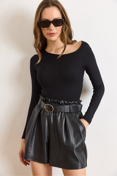 Olalook Women's Black Asymmetrical Neckline Very Soft Textured Stretchy Bodysuit Bdy-00000067