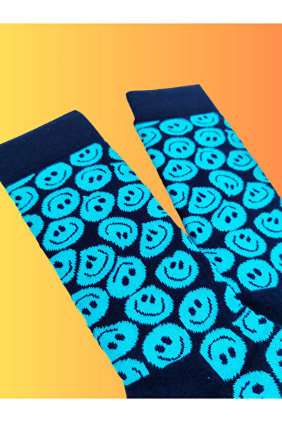 Shuttle Park Special Series Happy Blue Colored Smiley Patterned Socks Fun Comfortable Stylish Design Style Socks