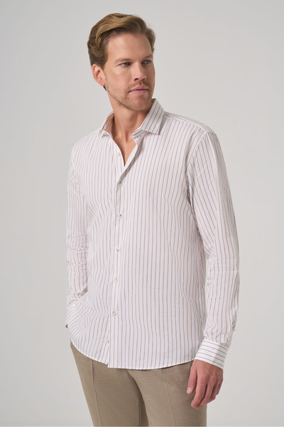 Morven Men's Beige Cotton Trend Striped Slim Fit Half Italian Collar Shirt