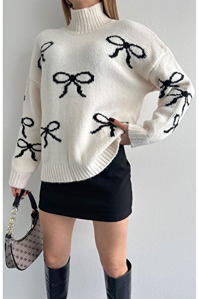 La Perla Boutique Cream Mock Neck Bow Patterned Knitwear Sweater