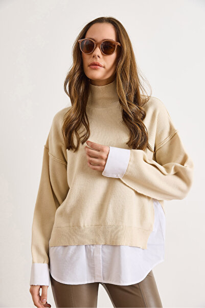 Olalook Women's Stone Shirt Detailed Mock Neck Knitwear Sweater Kzk-19001086