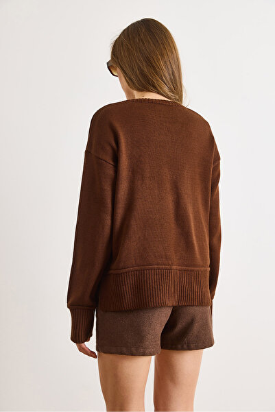 Olalook Women's Brown Cuffed Skirt Detailed Crew Neck Knit Sweater Kzk-19001087