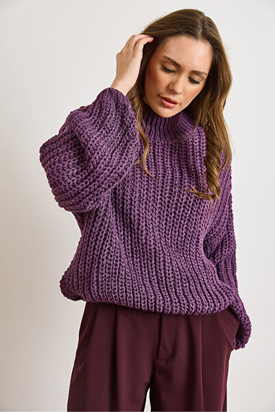 Olalook Women's Purple Mock Neck Flexible Thick Knit Sweater Kzk-19001083