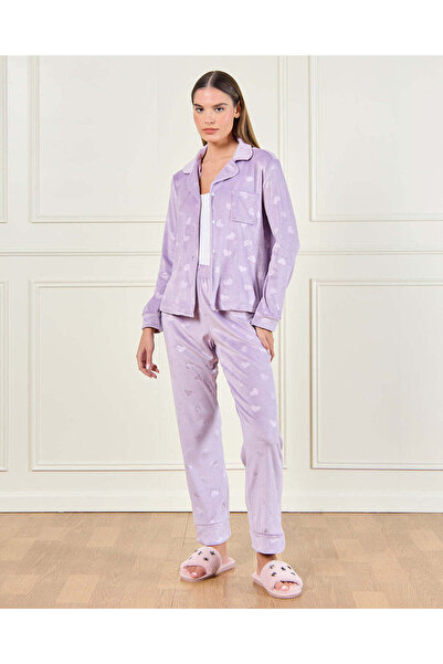 REDTAG Women Lilac Embossed Velour Classic Pyjama Set (2 Piece)