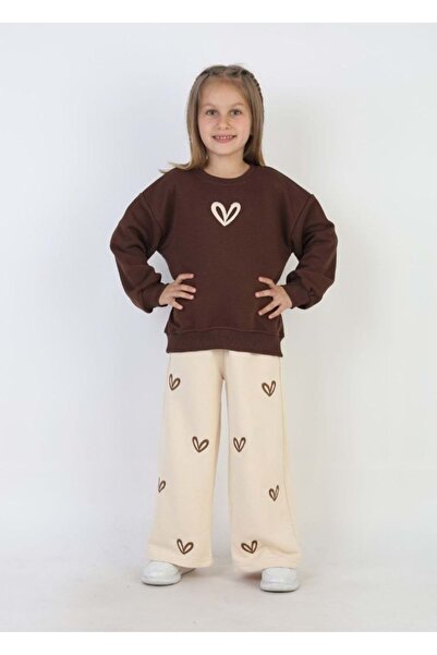 wakawakakidsstore Brown & Cream Heart Printed Girls' Tracksuit Set