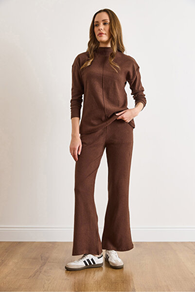 Olalook Women's Bitter Brown Bottom Pocket Pants Top Mock Neck Blouse Fleece-Lined Set Tkm-19000254