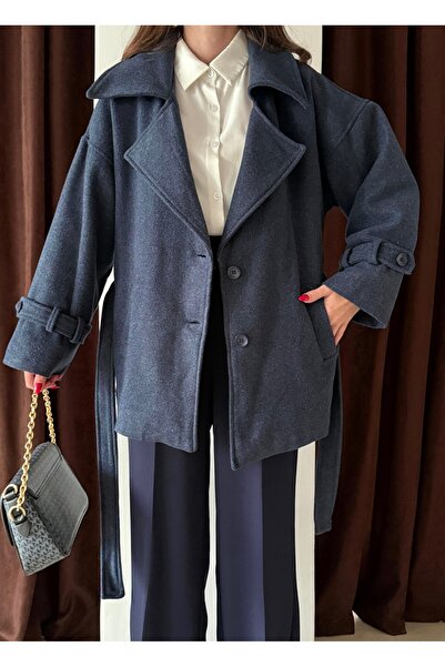 feme clothing LACİVERT Oversıze Kuşaklı Cepli Kısa Kaban