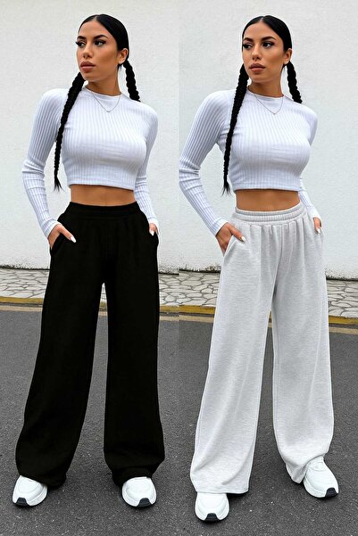 SERYY MODA Διπλό γυναικείο μαύρο γκρι χειμερινό φαρδύ παντελόνι φόρμας