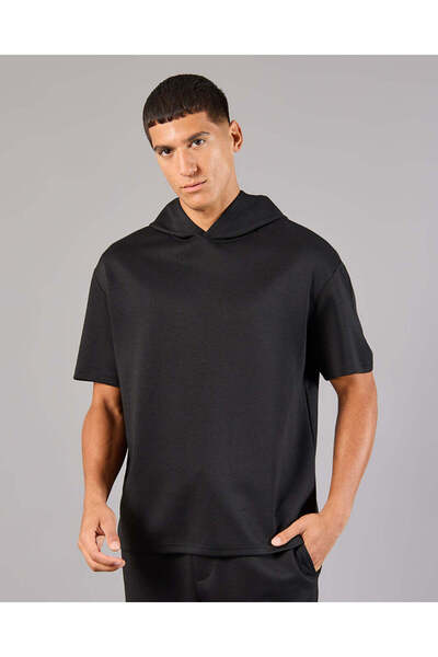 REDTAG Men Black Hooded Active T-Shirt