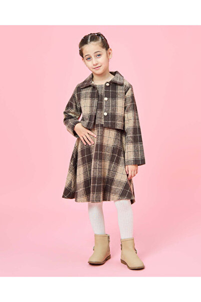 REDTAG فستان بناتي بني منقوش مع جوارب (3 قطع)