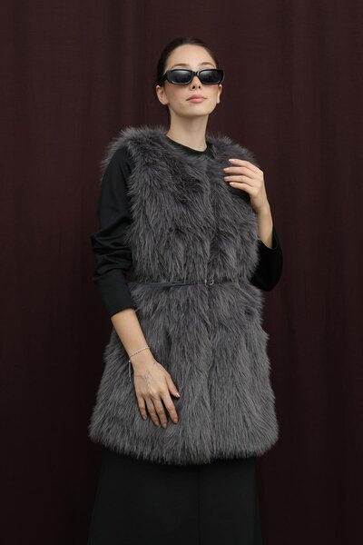 Puane Women's Belted Lolita Fur Vest - 15223Ylk - Antracite