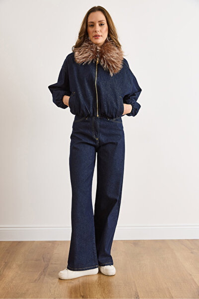 Olalook Women's Navy Blue Denim Lined Jacket Pants Set Tkm-19000464