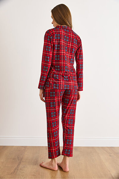 Olalook Women's Navy Blue Red Suede Textured Pajama Set Pjm-00000023