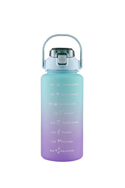 zola 2000 ml water bottle with straw, locking lid, time marker, durable handle, turquoise/moon