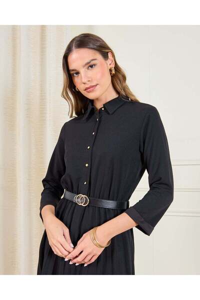 REDTAG Women Black Belted Collared Dress