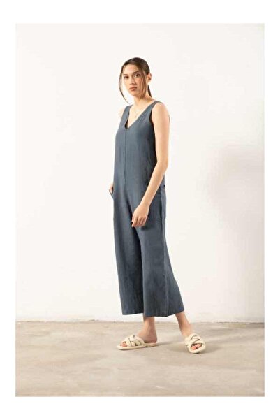 İpekçi Otantik Saf Keten V Yaka Kadın Tulum