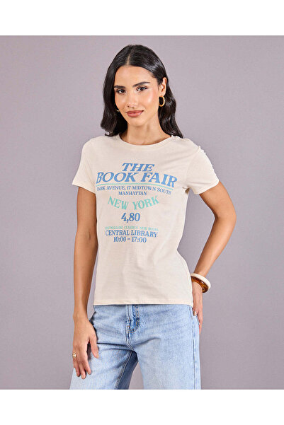 REDTAG تي شيرت نسائي مطبوع باللون البيج