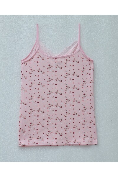 Moda Ebrar Lace Patterned Tank Top with Rope Straps - Pink