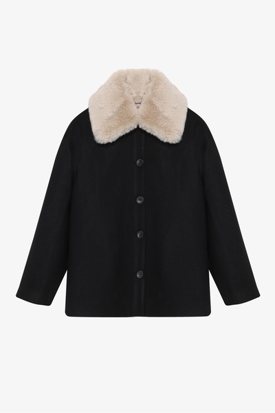 Quzu Detachable Fur Collar Detailed Coat Black