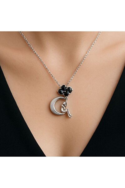 Gönülden Tasarım Steel Balloon Girl Sitting on the Moon Necklace 24 cm