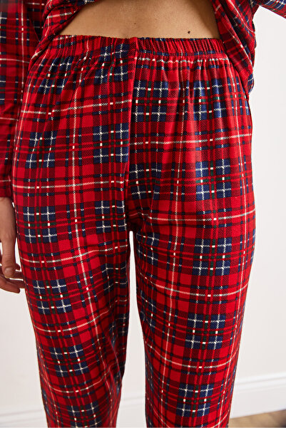 Olalook Women's Navy Blue Red Suede Textured Pajama Set Pjm-00000023