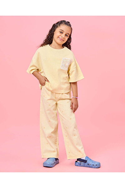 REDTAG Girls Yellow All Over Embroidery Wide leg Trouser