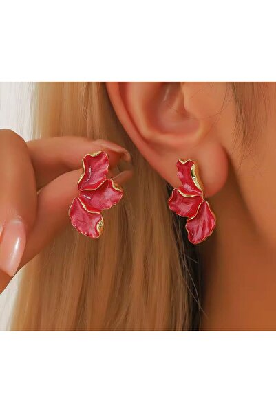 monalisatoka Kadın Gold Vintage Pembe Yaprak Desenli Küpe
