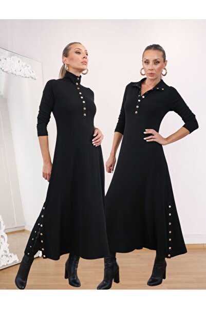 QİMYA BUTİK BUKETLİ Rochie lungă pentru femei D guler ridicat cu detaliu cu fixare laterală în două părți din oțel din material subțire e bumbac moale riko cu mâneci lungi