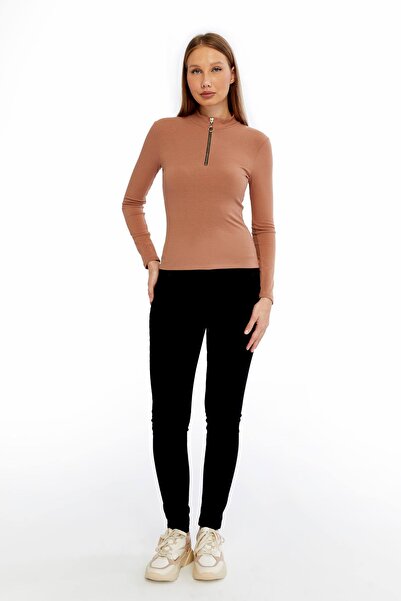 Maison La Femme Women's Long Sleeve Half Zipper Slim Fit Tshirt