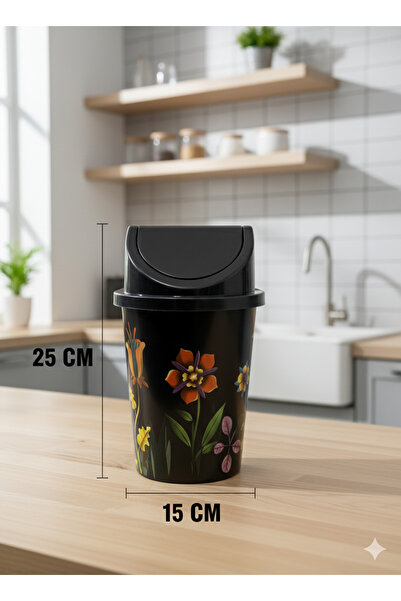 abnturk 3 Litre Click Kapaklı Küçük Boy Siyah Çiçek Desen Çöp Kovası