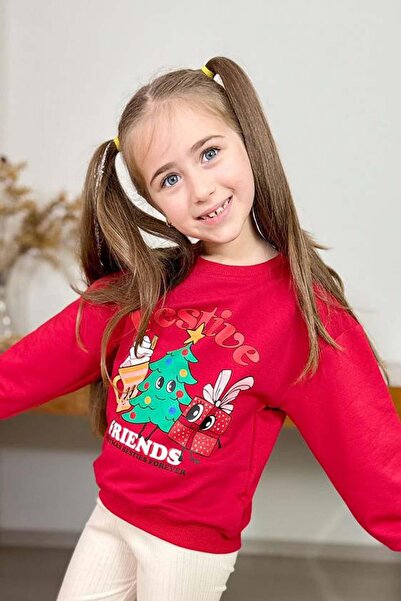 Riccotarz Girl's Red Tights Set with Friends Text and Christmas Tree Detail