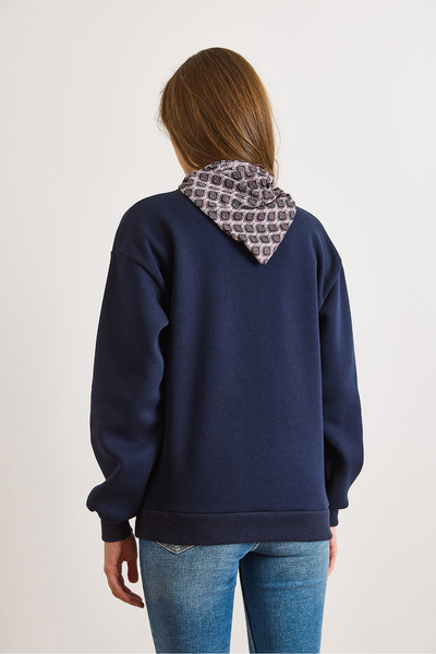Olalook Women's Navy Blue Ceylan Embroidered Scarf Detailed Fleece-Lined Sweatshirt Swt-19000788