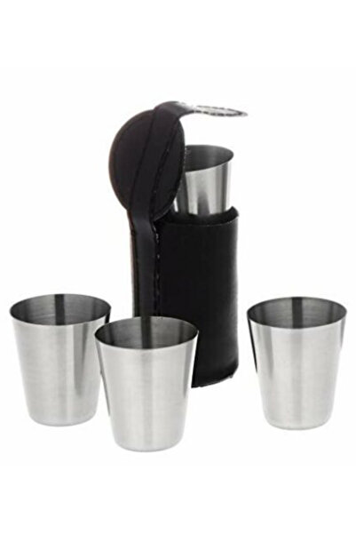 zola Set of pocket metal bottle, straw and 4 glasses in pouch, for drinking, silver, 210 ml