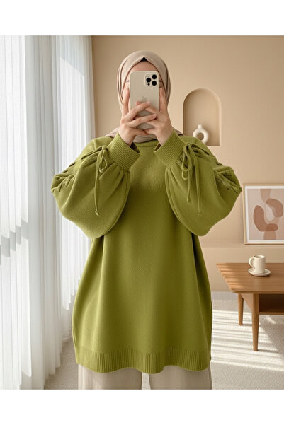 Modamorfo Round Neck Sleeve Knit Detailed Sweater - Oil Green