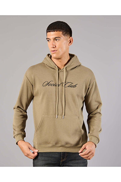 REDTAG Men BeigePrinted Hooded Sweatshirt