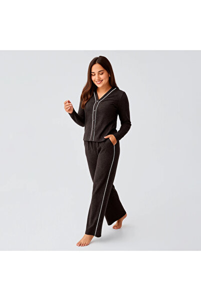 Penelope Softtouch Long Sleeve Soft Textured Knitted Pajama Set - Brownl