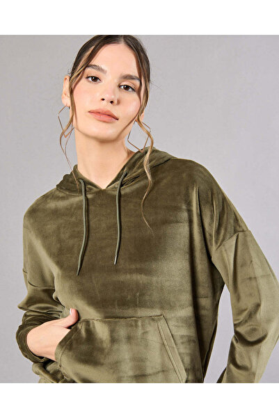 REDTAG Women Green Hooded Sweatshirt