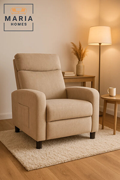 MARIA HOMES Modern Beige Recliner Chair with Footrest – Soft Fabric Relax Chair for Living Room