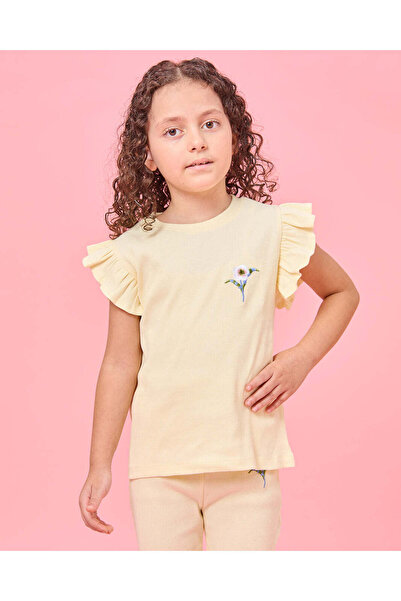 REDTAG Girls Yellow Flower Embroidered Rib T-Shirt