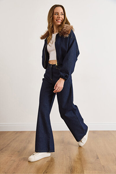 Olalook Women's Navy Blue Denim Lined Jacket Pants Set Tkm-19000464