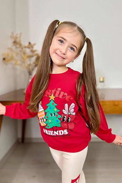 Riccotarz Girl's Red Tights Set with Friends Text and Christmas Tree Detail